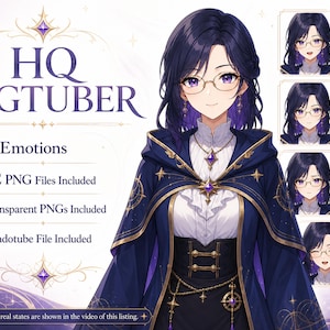 May include: A digital character illustration featuring a person with dark hair and glasses wearing a blue cape and white blouse. The text reads HQ PNGTUBER, 8 Emotions, 32 PNG Files Included, Transparent PNGs Included, and Veadotube File Included.