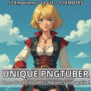 Può includere: Illustrazione in stile anime di una donna con capelli biondi e occhi blu, che indossa una giacca rossa e blu navy sopra una camicetta bianca. Il testo in alto recita "12 Emotions + 12 GIF + 12 EMOTES". Sotto, il testo dice "UNIQUE PNGTUBER" e "One-of-one model - Never sold again!"