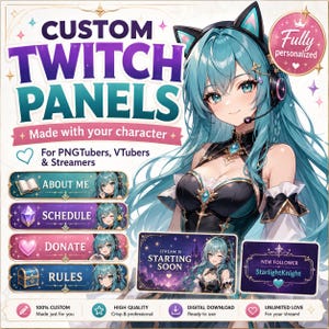 Può includere: Pannelli Twitch personalizzati con un personaggio in stile anime dai capelli color ottanio e orecchie da gatto. La grafica include etichette di testo per About Me, Schedule, Donate, Rules, Starting Soon e New Follower, con icone varie.
