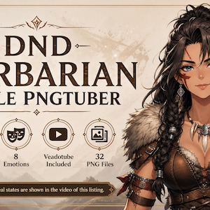 May include: A digital character illustration of a barbarian with dark hair, wearing brown leather armor with fur trim and a tooth necklace. The text reads DND BARBARIAN MALE PNGTUBER, HQ PNGTUBER, 8 Emotions, Veadotube Included, 32 PNG Files, and Illustrative image.