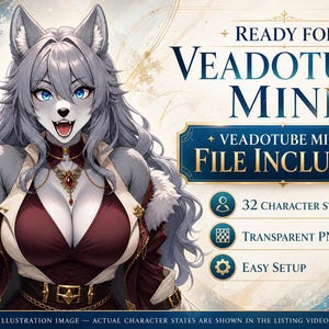 May include: A digital illustration of a grey-furred wolf character with blue eyes, wearing a maroon and white outfit. Text reads: Ready for Veadotube Mini, Veadotube Mini File Included, 32 Character States, Transparent PNGs, Easy Setup.