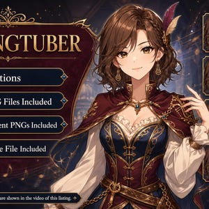 May include: A digital character asset set titled HQ PNGTUBER featuring a brown-haired character in a dark red and blue outfit. The set includes 8 emotions, 32 PNG files, transparent PNGs, and a Veadotube file, displayed with eight facial expressions.