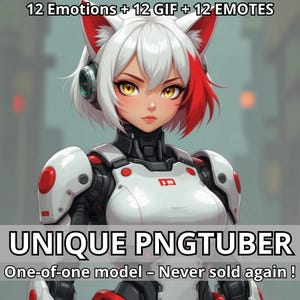 May include: A digital illustration of a female anime-style character with white and red hair, wearing a white and red robotic suit. The image includes the text "12 Emotions + 12 GIF + 12 EMOTES" and "UNIQUE PNGTUBER". The text "One-of-one model - Never sold again !" is also present.