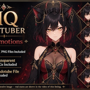 May include: A digital character asset pack featuring a central anime-style figure with black hair, red-tipped ears, and amber eyes, wearing a red and black outfit. The text reads HQ PNGTUBER 8 Emotions, 32 PNG Files Included, Transparent PNGs Included, and Veadotube File Included.