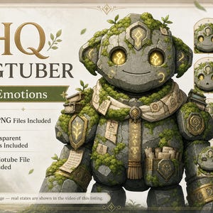 Puede incluir: Un personaje gólem de piedra con acentos de musgo, ojos amarillos brillantes y símbolos en el cuerpo. La imagen incluye el texto HQ PNGTUBER 8 Emotions, 32 PNG Files Included, Transparent PNGs Included y Veadotube File Included con ocho expresiones faciales.