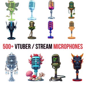May include: An assortment of decorative microphones in diverse styles, such as floral, futuristic, and fantasy. The image includes the text "500+ VTUBER / STREAM MICROPHONES" in red and white.