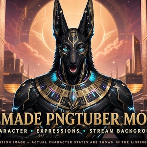 May include: A digital illustration of a black jackal-headed character with glowing blue eyes, wearing ornate gold and black armor with a wide collar. The text reads PREMADE PNGTUBER MODEL, CHARACTER, EXPRESSIONS, STREAM BACKGROUNDS.