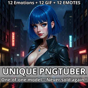 May include: Digital artwork featuring a woman with blue hair and a black leather jacket. The image includes the text "12 Emotions + 12 GIF + 12 EMOTES" and "UNIQUE PNGTUBER". The text "One-of-one model - Never sold again !" is also present.