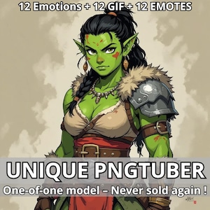 Könnte beinhalten: Digitale Illustration eines grün gehäuteten Charakters mit spitzen Ohren, der eine Rüstung und ein mit Fell gefüttertes Oberteil trägt. Das Bild enthält den Text "UNIQUE PNGTUBER" und "One-of-one model - Never sold again!" mit zusätzlichem Text oben.