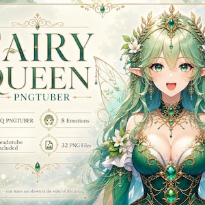 Peut inclure: Une illustration numérique d'une Fairy Queen PNGtuber avec de longs cheveux verts, des oreilles pointues et une robe verte aux accents dorés. Le texte indique Fairy Queen PNGtuber, HQ PNGtuber, 8 Emotions, Veadotube Included, 32 PNG Files.