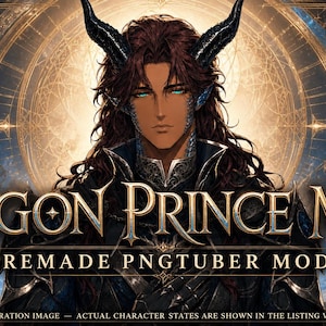 May include: A digital illustration of a character with dark skin, long wavy brown hair, and black horns. The character wears dark armor with intricate details. The text reads: DRAGON PRINCE MALE PREMADE PNGTUBER MODEL. ILLUSTRATION IMAGE - ACTUAL CHARACTER STATES ARE SHOWN IN THE LISTING VIDEOS.