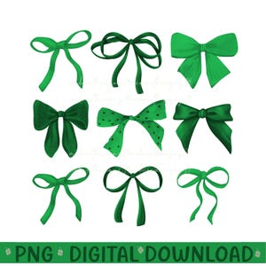 May include: Set of nine green watercolor bows. The bows are in various styles and sizes, with some having a more traditional shape and others being more whimsical.