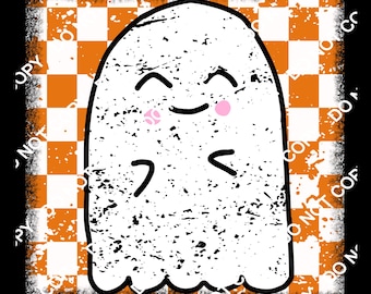 以下が含まれることがあります： オレンジと白の市松模様の背景に、優しい顔と赤面した頬をした白い幽霊がいます。幽霊は、使い古したヴィンテージな外観をしています。
