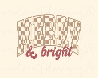 Merry and Bright PNG, Checkered Png, Varsity Png, Christmas Designs, Trendy Christmas Png, Retro Png, Distressed Png, Christmas Sublimation