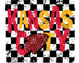 May include: A red and yellow graphic design with the text "Kansas City" on a black and white checkered background.