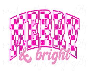 Merry and Bright PNG, Checkered Png, Varsity Png, Christmas Designs, Trendy Christmas Png, Retro Png, Distressed Png, Christmas Sublimation