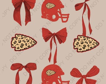 May include: A digital design sheet featuring red bows, red and white football helmets, and arrowhead designs with a leopard print pattern.