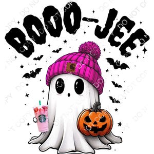 May include: A white ghost wearing a pink beanie with a black logo and holding a pumpkin and a pink and green beverage. The ghost is surrounded by bats and stars. The text "BOO-JEE" is written in black above the ghost.