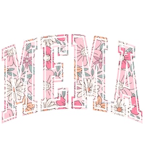 May include: The word "MEMU" in a floral pattern design. The letters are white with a pink floral pattern inside. The flowers are pink, white, and orange with green leaves. The background is white.