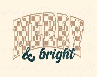 Merry and Bright PNG, Checkered Png, Varsity Png, Christmas Designs, Trendy Christmas Png, Retro Png, Distressed Png, Christmas Sublimation