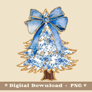 May include: A blue and gold Christmas tree with a blue bow on top. The tree is decorated with a white and blue floral pattern.
