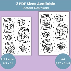 Op de afbeelding: Zwart-wit illustraties van potten met lachende bijen en vliegende bijen, met de tekst "2 PDF Sizes Available Instant Download". Er zijn twee papierformaten beschikbaar: US Letter 21,59 x 27,94 cm en A4 21 x 29,7 cm.
