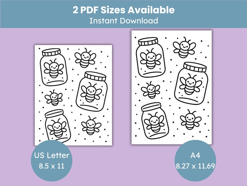 Op de afbeelding: Zwart-wit illustraties van potten met lachende bijen en vliegende bijen, met de tekst "2 PDF Sizes Available Instant Download". Er zijn twee papierformaten beschikbaar: US Letter 21,59 x 27,94 cm en A4 21 x 29,7 cm.
