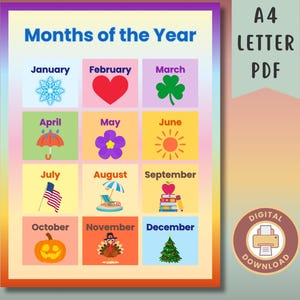 Homeschool Printables Educatieve muurkunst Afdrukbare poster maanden van het jaar Homeschooldecor poster speelkamer Maanden van het jaar