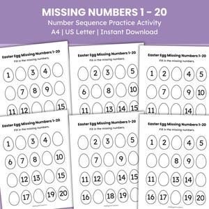 May include: Six A4-sized worksheets for a number sequence activity, featuring Easter egg shapes with missing numbers from 1 to 20. The text at the top reads "MISSING NUMBERS 1-20" and "Number Sequence Practice Activity".