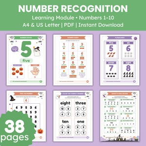 May include: A digital number recognition learning module for numbers 1-10, featuring 38 pages in A4 and US Letter PDF formats. The educational worksheets include number posters, charts, flashcards, and review activities with Halloween-themed graphics.