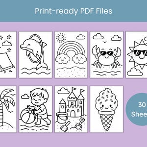 Op de afbeelding: Printklare PDF-bestanden met zwart-wit illustraties van zomerthema's. Inclusief een tent, dolfijn, regenboog, krab, zon, palmboom, jongen met bal, zandkasteel en ijsje. De set bevat 30 vellen.