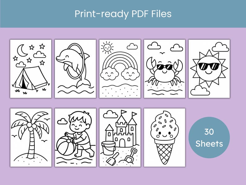 Op de afbeelding: Printklare PDF-bestanden met zwart-wit illustraties van zomerthema's. Inclusief een tent, dolfijn, regenboog, krab, zon, palmboom, jongen met bal, zandkasteel en ijsje. De set bevat 30 vellen.
