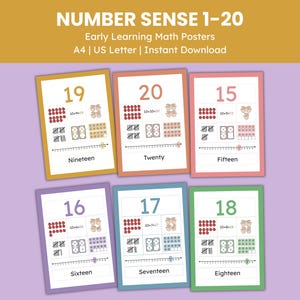May include: Six colorful early learning math posters, numbered 15-20, with visual representations of numbers using dots, tallies, and dominoes. The posters are labeled with the number word and are designed for educational purposes.