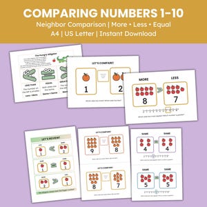 Puede incluir: Hojas de trabajo educativas para comparar números del 1 al 10. Las hojas de trabajo presentan ilustraciones de manzanas y caimanes, con las palabras «Más, Menos, Igual». Diseñadas para la comparación de vecinos, disponibles para descarga instantánea.