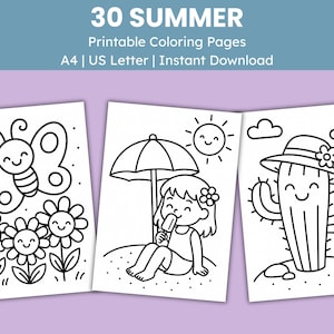 Op de afbeelding: Zwart-wit printbare kleurplaten met zomerse illustraties. De pagina's bevatten een lachende vlinder met bloemen, een meisje dat een ijsje eet onder een parasol en een cactus met een hoed. De tekst bovenaan luidt "30 SUMMER".