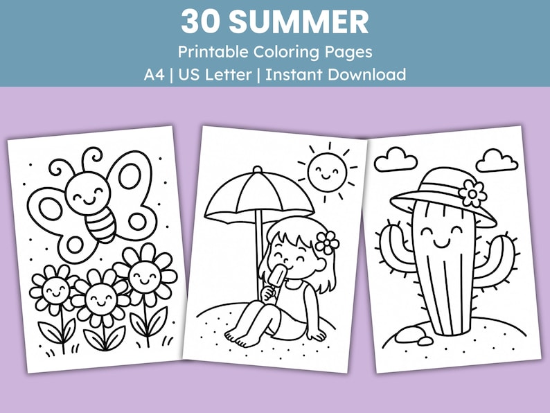 Op de afbeelding: Zwart-wit printbare kleurplaten met zomerse illustraties. De pagina's bevatten een lachende vlinder met bloemen, een meisje dat een ijsje eet onder een parasol en een cactus met een hoed. De tekst bovenaan luidt "30 SUMMER".