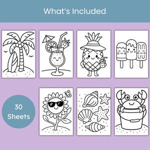 Op de afbeelding: Zwart-wit illustraties met zomerthema's, waaronder een palmboom met een surfplank, een cocktail, een ananas, ijsjes, een zonnebloem, schelpen, zeesterren en een krab. De tekst "What's Included" staat bovenaan en "30 Sheets" staat in een cirkel.