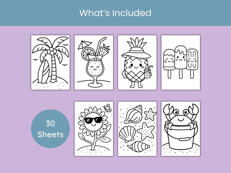 Op de afbeelding: Zwart-wit illustraties met zomerthema's, waaronder een palmboom met een surfplank, een cocktail, een ananas, ijsjes, een zonnebloem, schelpen, zeesterren en een krab. De tekst "What's Included" staat bovenaan en "30 Sheets" staat in een cirkel.