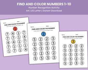 Find & Color Numbers 1-10 Worksheets – Fun Number Recognition Printable Activity for Preschool and Kindergarten Classroom and Homeschool Use
