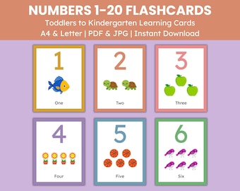 Zahlen Karteikarten 1-20 für Kinder | Vorschule & Kindergarten Mathe-Lernkarten | Zählen, Zahlen, Wörter und Objekte zum Ausdrucken