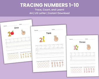Tracing Numbers 1-10 Worksheets for Preschool & Kindergarten Number Writing Practice  Number Recognition Activities for Kids Printable