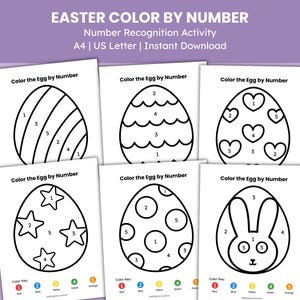 May include: Easter-themed color-by-number activity sheets. Each sheet features a different Easter egg design with numbered sections. The sheets are designed for number recognition and coloring. The text on the sheets reads "Color the Egg by Number".