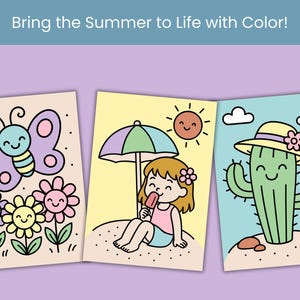 Op de afbeelding: Drie kleurrijke illustraties met een zomerthema. E&eacute;n toont een vlinder en bloemen, een andere een meisje met een paraplu en ijsje, en de laatste een lachende cactus met een hoed. De tekst bovenaan luidt "Bring the Summer to Life with Color!"