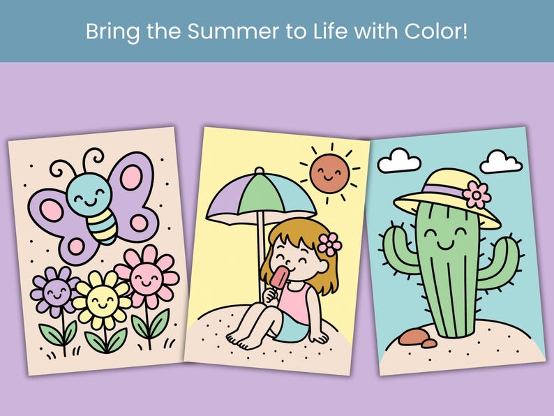 Op de afbeelding: Drie kleurrijke illustraties met een zomerthema. E&eacute;n toont een vlinder en bloemen, een andere een meisje met een paraplu en ijsje, en de laatste een lachende cactus met een hoed. De tekst bovenaan luidt "Bring the Summer to Life with Color!"