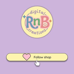 Op de afbeelding: Een lichtpaarse achtergrond met een geel cirkelvormig logo met de tekst "digital RnB creations". Daaronder een gele knop met een roze hart en de woorden "Follow shop" met een witte handcursor.