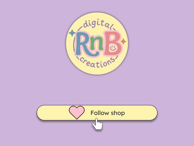 Op de afbeelding: Een lichtpaarse achtergrond met een geel cirkelvormig logo met de tekst "digital RnB creations". Daaronder een gele knop met een roze hart en de woorden "Follow shop" met een witte handcursor.