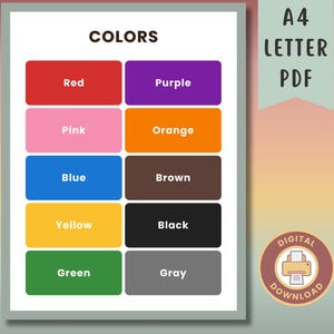 Imprimibles para educación en el hogar, arte mural educativo, colores imprimibles, tabla de colores para arte mural, decoración para educación en el hogar, póster para sala de juegos, póster a color imprimible