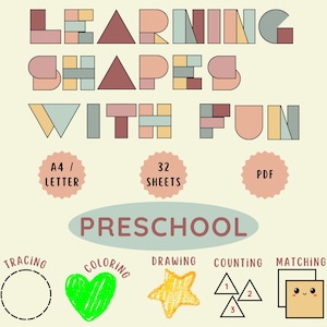 Pode incluir: Uma folha de trabalho imprimível colorida para crianças pré-escolares para aprender formas. A folha de trabalho inclui atividades de traçado, colorir, desenhar, contar e combinar. O título da folha de trabalho é "Aprendendo formas com diversão".