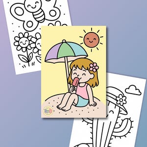Op de afbeelding: Een verzameling van 30 zomer-thema printbare kleurplaten. De pagina's bevatten lijntekeningen van een vlinder, bloemen, een meisje dat een ijsje eet onder een parasol en een cactus met een hoed. De tekst luidt "30 SUMMER Printbare Kleurplaten".