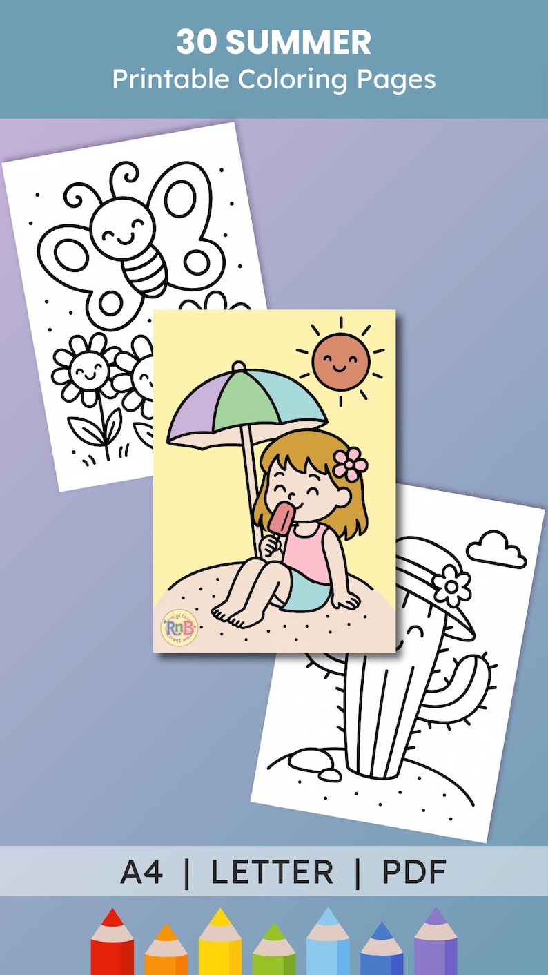 Op de afbeelding: Een verzameling van 30 zomer-thema printbare kleurplaten. De pagina's bevatten lijntekeningen van een vlinder, bloemen, een meisje dat een ijsje eet onder een parasol en een cactus met een hoed. De tekst luidt "30 SUMMER Printbare Kleurplaten".